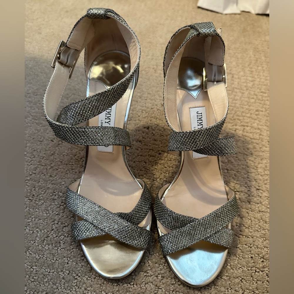 AUTHENTIC JIMMY CHOO GOLD SPARKLY STRAPPY SANDAL HEELS SIZE 39.5 SIZE 8